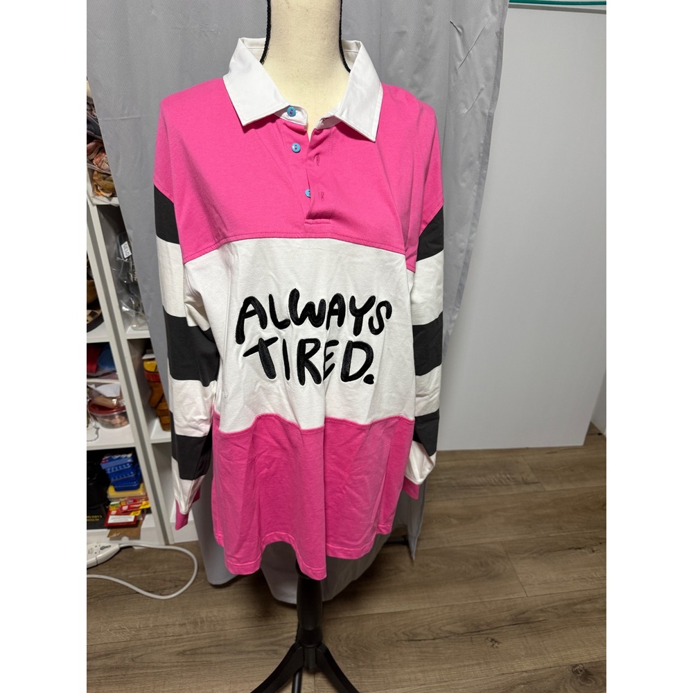 NWT SALEM7 L Always Tired Color Block Rugby Tunic Top Pink Black